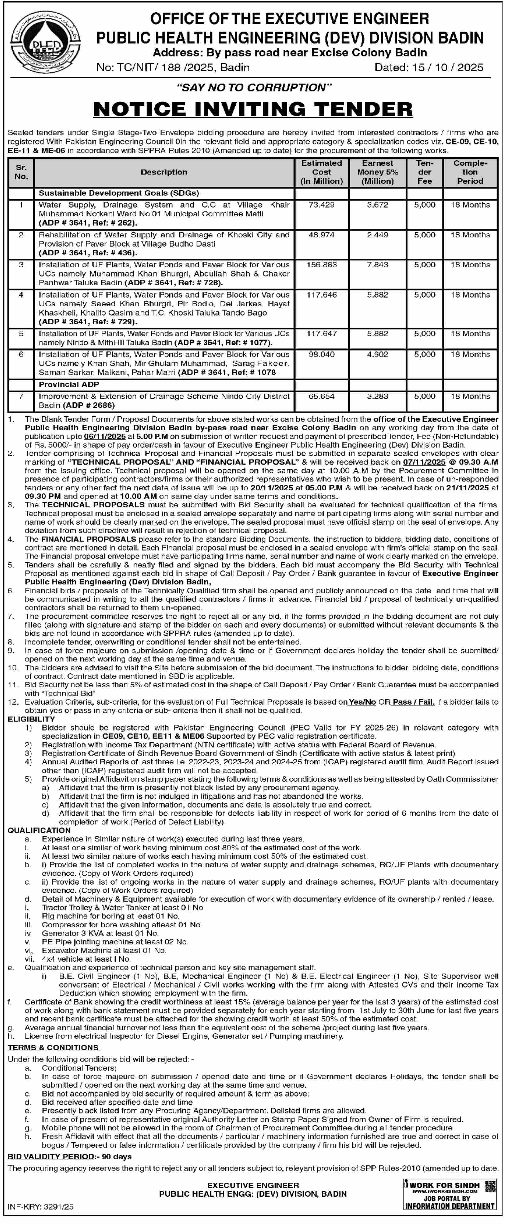 Public Health Engineering Division Badin Tender Notice